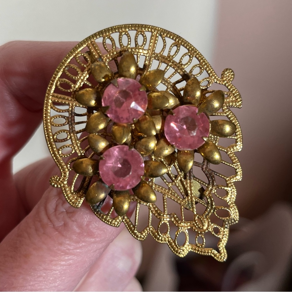 Vintage gold victorian revival Filigree Pink Rhinestones brooch